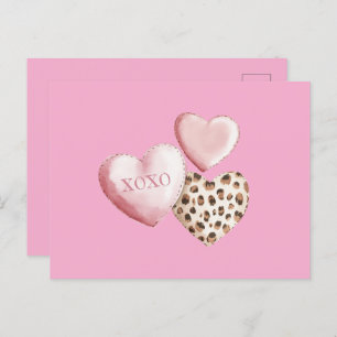 Pink XOXO Leopard Print Hearts Postcard