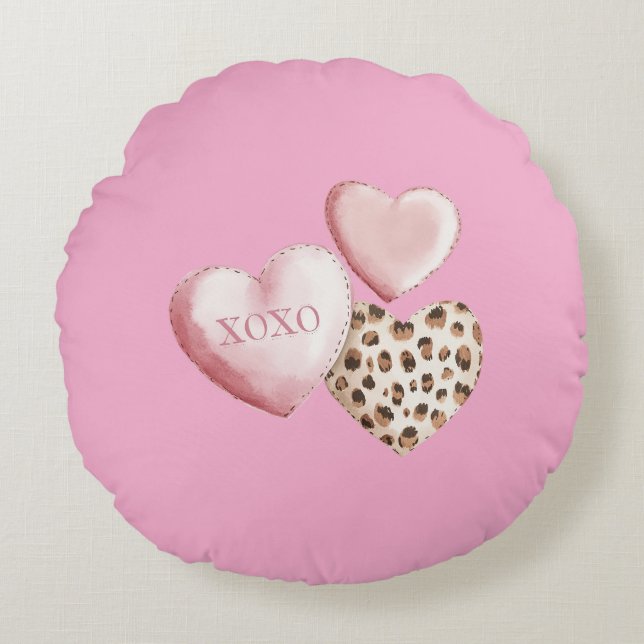 Pink XOXO Leopard Print Hearts Round Cushion (Front)