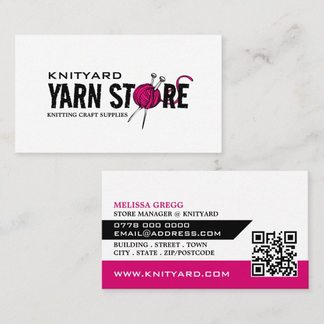Pink Yarn Store Logo, Knitting Store, Yarn Store Business Card (Front/Back)