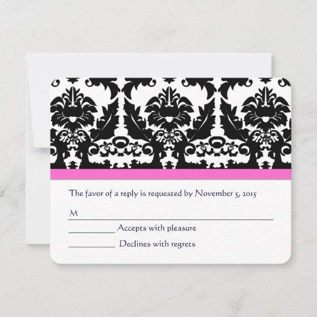 Pink yarrow Black Damask Wedding RSVP Card (Front)