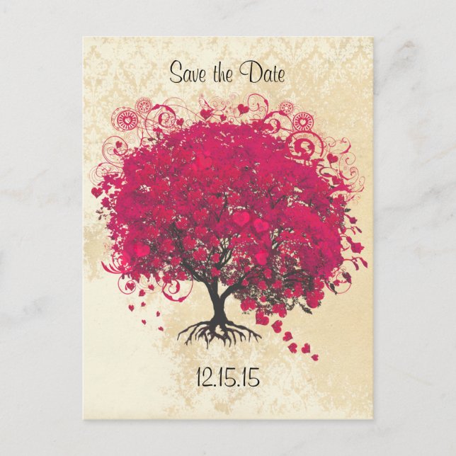 Pink Yarrow Heart Leaf Tree Wedding Save The Date Announcement Postcard (Front)