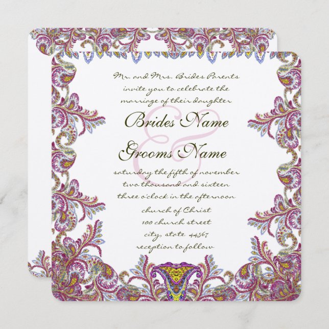 Pink Yarrow Vintage Paisley Wedding Invitation (Front/Back)