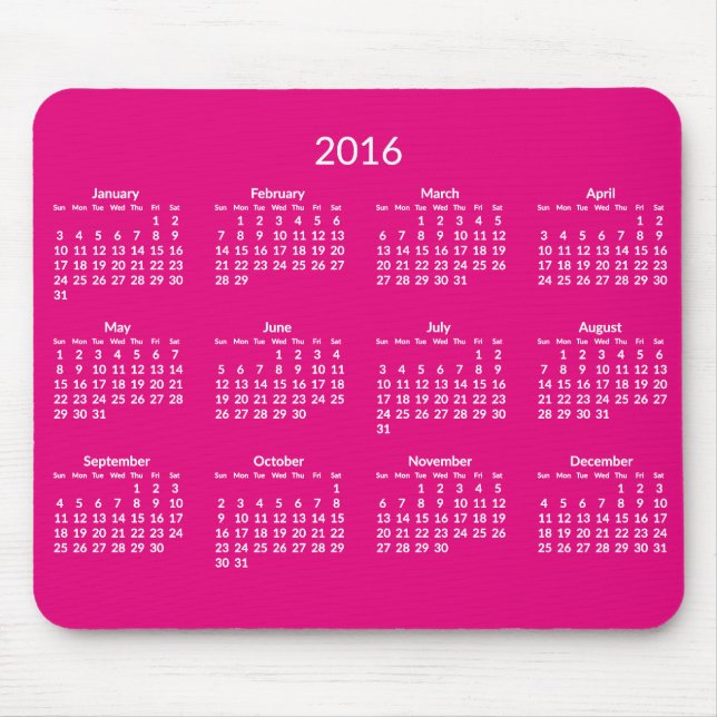 Pink Yearly 2016 Calendar Mouse Pads (Front)