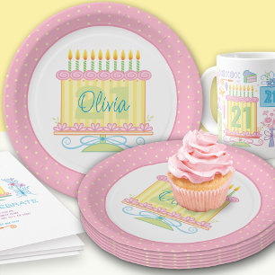 Pink Yellow 21st Birthday Cake Name Paper Plate