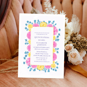 pink yellow and blue floral colourful quinceañera invitation