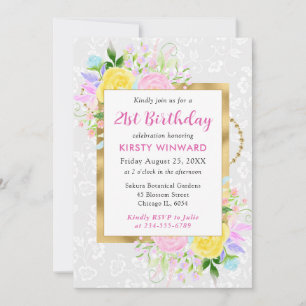 Pink, Yellow and Blue Flowers Gold Birthday Invitation