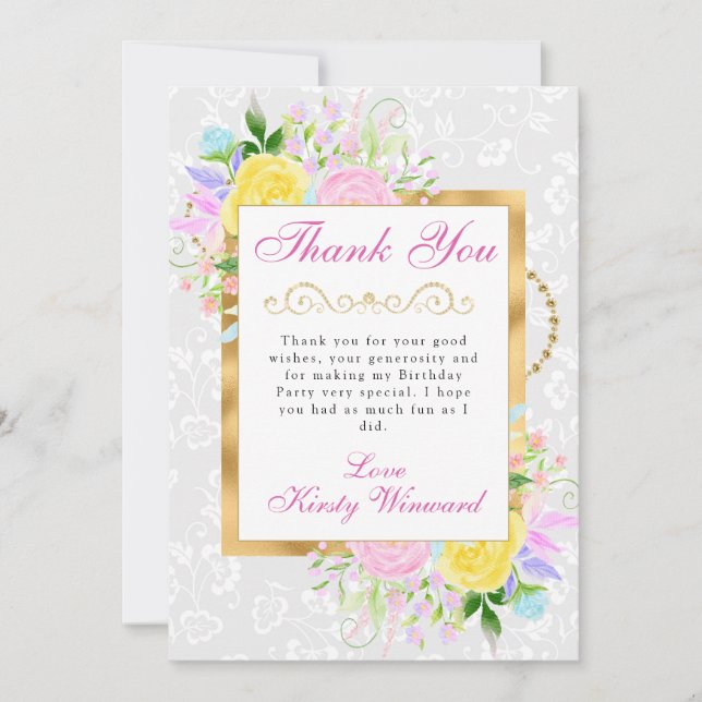 Pink, Yellow and Blue Flowers Gold Birthday Thank You Card (Front)