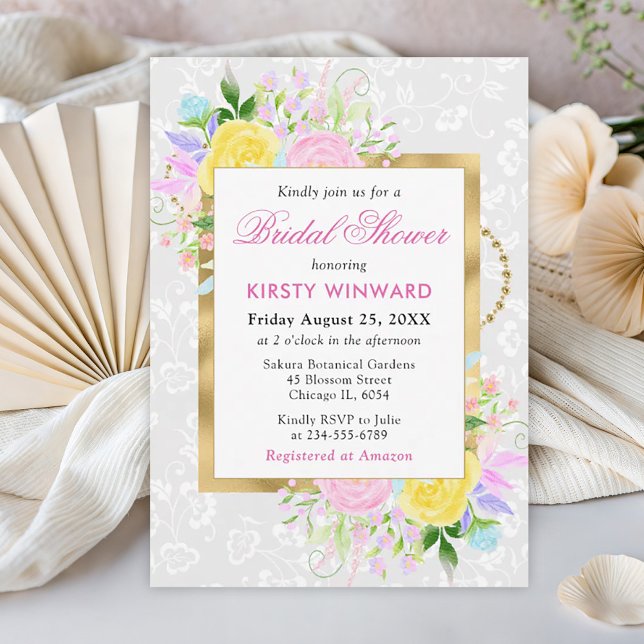 Pink, Yellow and Blue Flowers Gold Bridal Shower Invitation (Creator Uploaded)