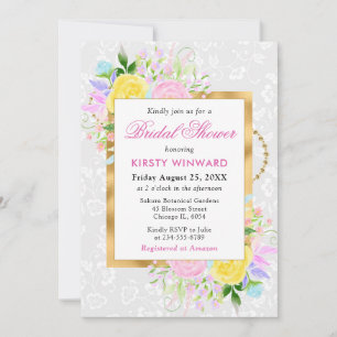 Pink, Yellow and Blue Flowers Gold Bridal Shower Invitation