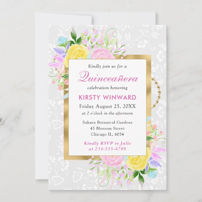 Pink, Yellow and Blue Flowers Gold Quinceanera Invitation (Front)