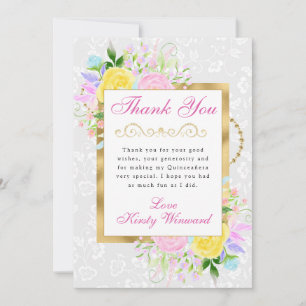 Pink, Yellow and Blue Flowers Gold Quinceanera Thank You Card