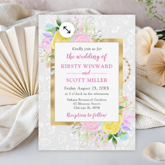 Pink, Yellow and Blue Flowers Gold Wedding Invitation