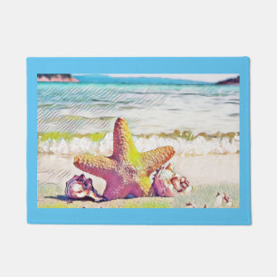 Pink yellow and blue seashells watercolor Door Mat