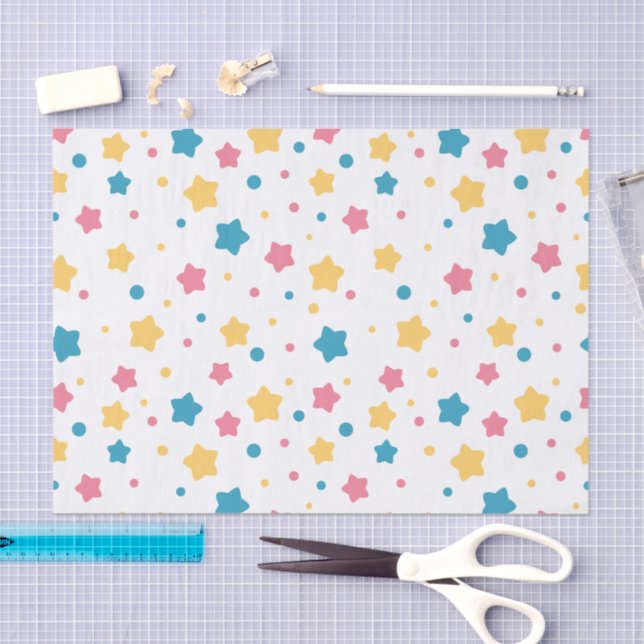 Pink, Yellow, and Blue Stars on White Pattern Tissue Paper (Craft)