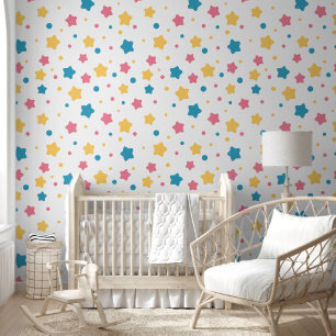 Pink, Yellow, and Blue Stars on White Pattern Wallpaper