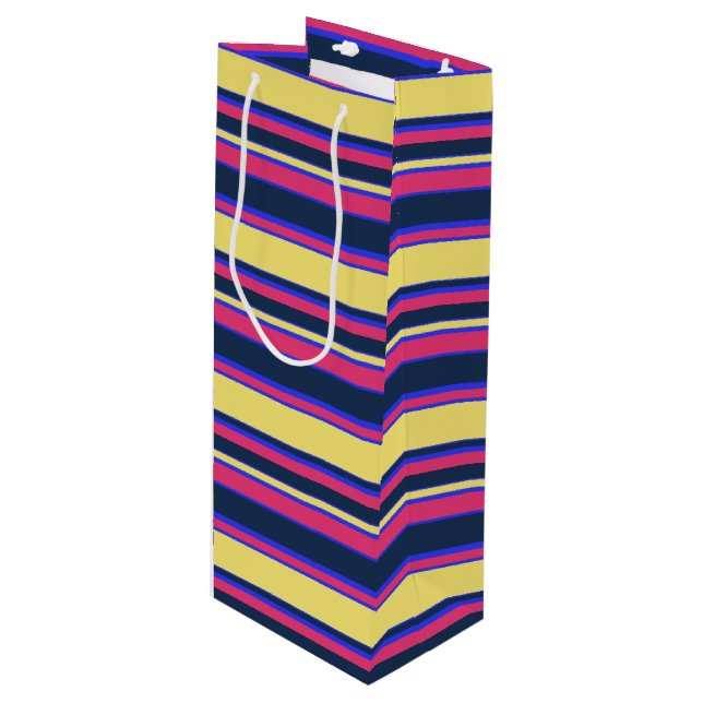 Pink, yellow and blue stripes wine gift bag (Front Angled)