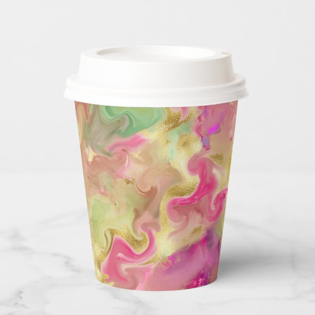 Pink, yellow and gold, green marble  paper cups (Front)