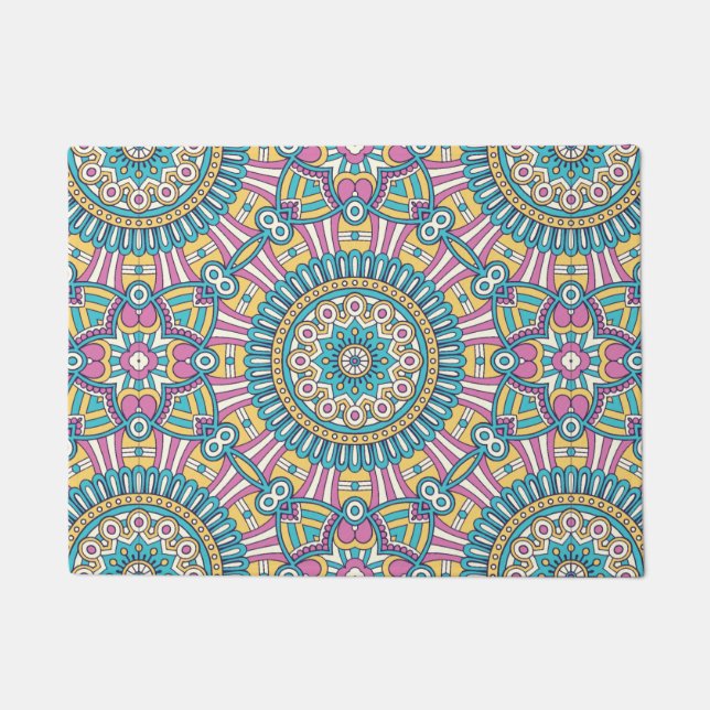 Pink yellow and green kaleidoscope flowers doormat (Front)