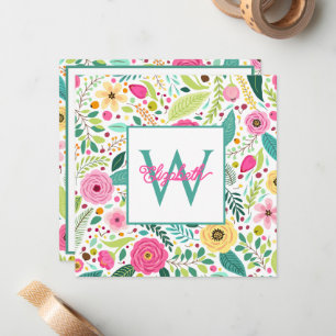 Pink Yellow and Teal Spring Floral Monogram Card