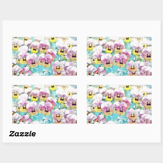 Pink yellow and white pansies watercolor rectangul rectangular sticker (Sheet)