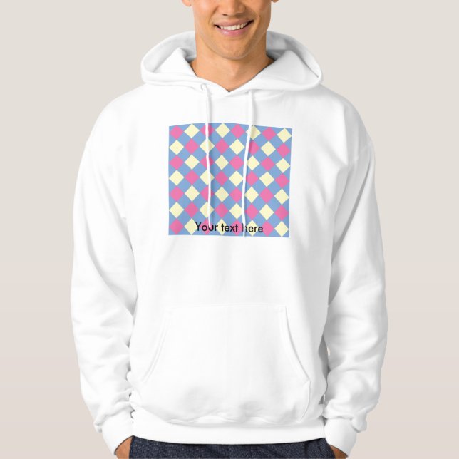 Pink yellow argyle pattern on blue hoodie (Front)