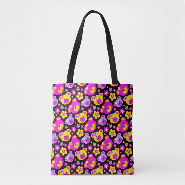 Pink yellow bears and flowers patterned tote bag (Front)