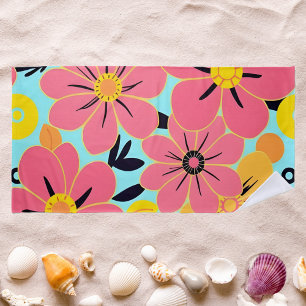 Pink & Yellow Blossoms on Sky Blue- Dopamine Style Beach Towel