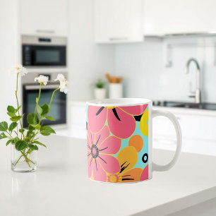 Pink & Yellow Blossoms on Sky Blue- Dopamine Style Coffee Mug