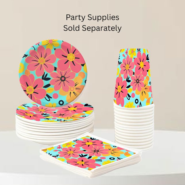 Pink & Yellow Blossoms on Sky Blue –Dopamine Style Paper Plate (Pink & Yellow Blossoms on Sky Blue-Dopamine Style-Party Supplies full set)