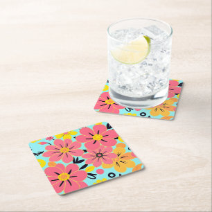 Pink & Yellow Blossoms on Sky Blue-Dopamine Style Square Paper Coaster