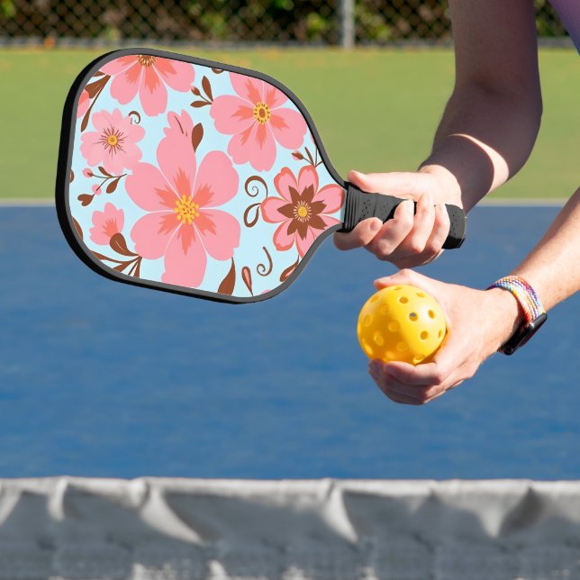 Pink & Yellow Blossoms on Sky Blue Pickleball Paddle (Insitu)