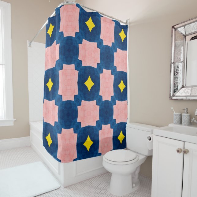 Pink Yellow Blue Abstract Shower Curtain (In Situ)