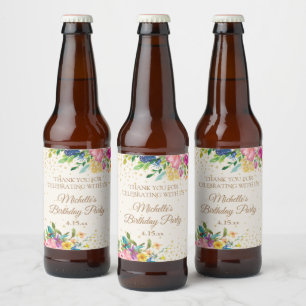 Pink Yellow Blue Floral Birthday Name Date Beer Bottle Label