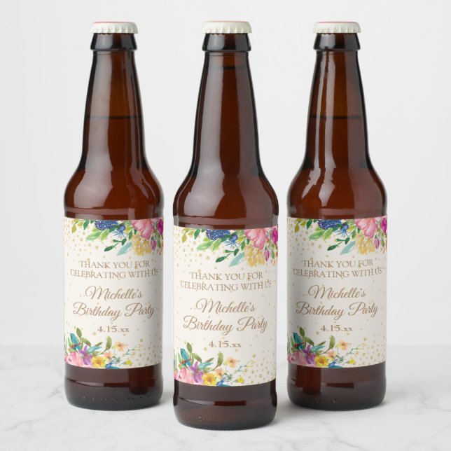 Pink Yellow Blue Floral Birthday Name Date Beer Bottle Label (Bottles)
