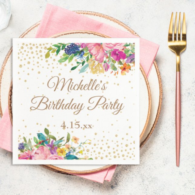 Pink Yellow Blue Floral Birthday Napkin (Elegant pink and yellow watercolor floral and gold glitter birthday party paper napkin)