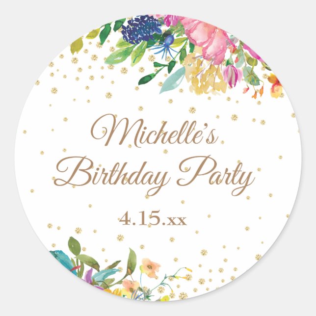 Pink Yellow Blue Floral Birthday Party Classic Round Sticker (Front)