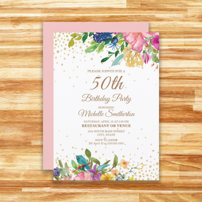 Pink Yellow Blue Floral Gold Glitter 50th Birthday Invitation (Pink, yellow, and blue floral with gold glitter 50th birthday party invitation)