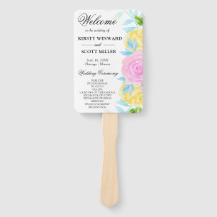 Pink Yellow Blue Flowers Wedding Program Hand Fan