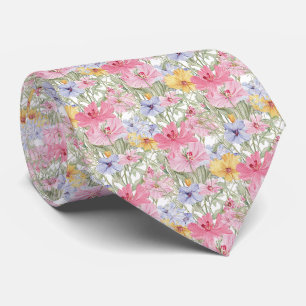 pink yellow blue meadow flowers tie