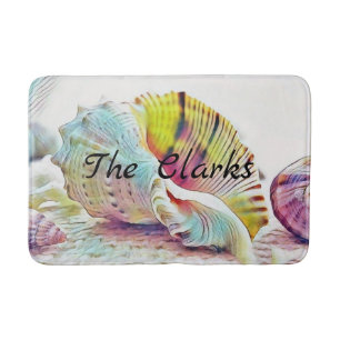 Pink yellow blue seashells watercolor painting bath mat