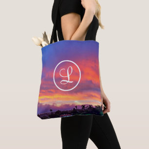 Pink yellow blue sunset photo custom monogram tote bag