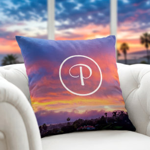 Pink yellow blue sunset photograh monogram initial cushion
