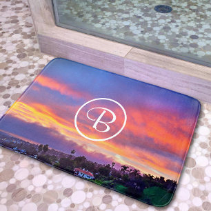 Pink yellow blue sunset photography monogram bold bath mat
