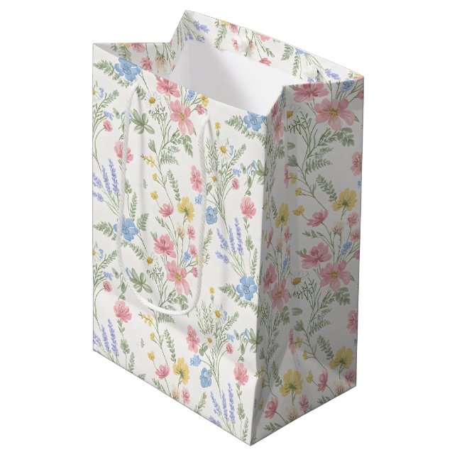 Pink Yellow Blue Wildflowers Watercolor Style Medium Gift Bag (Front Angled)