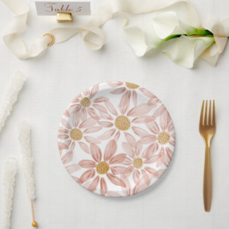 Pink Yellow Boho Wild Daisies Paper Plate