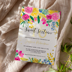 Pink yellow bright floral gold script Sweet 16