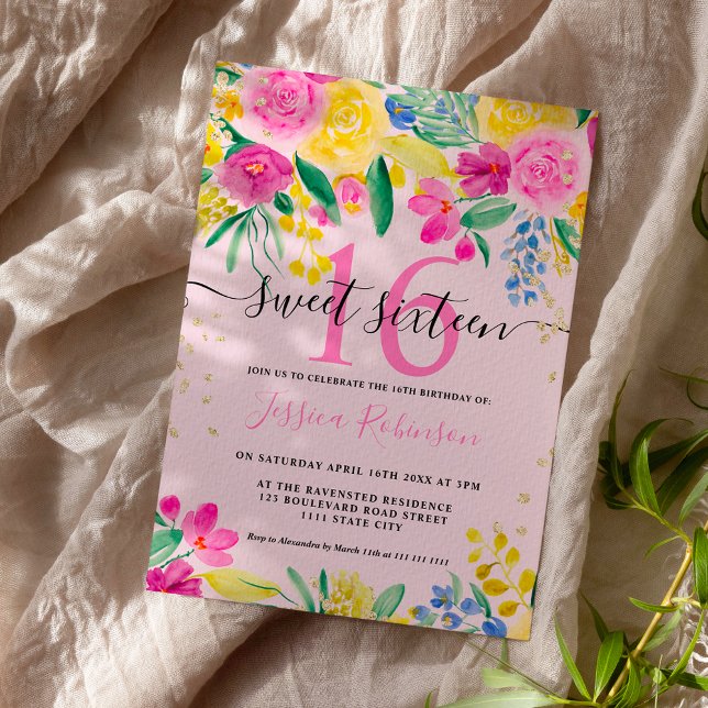 Pink yellow bright floral gold script Sweet 16 Invitation (Creator Uploaded)