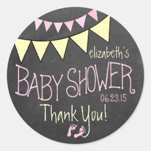 Pink Yellow Bunting Chalkboard Look Baby Shower Classic Round Sticker