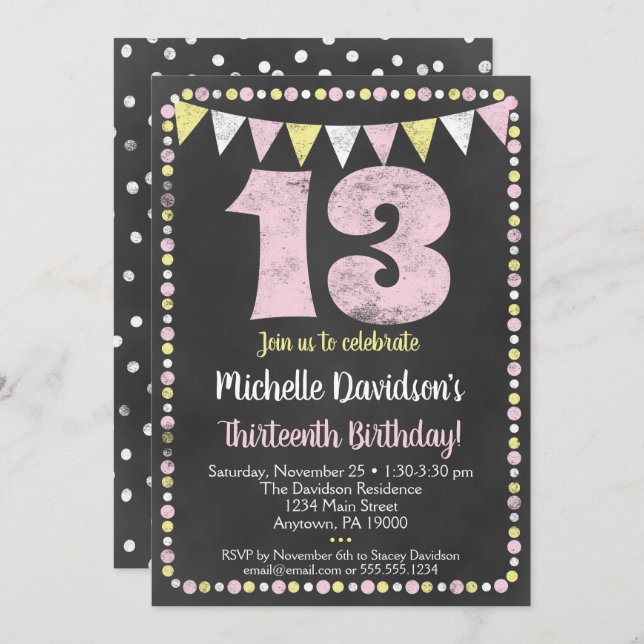 Pink Yellow Chalkboard 13th Birthday Invitation (Front/Back)