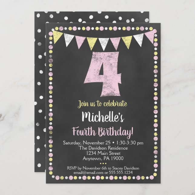 Pink Yellow Chalkboard 4th Birthday Invitation (Front/Back)